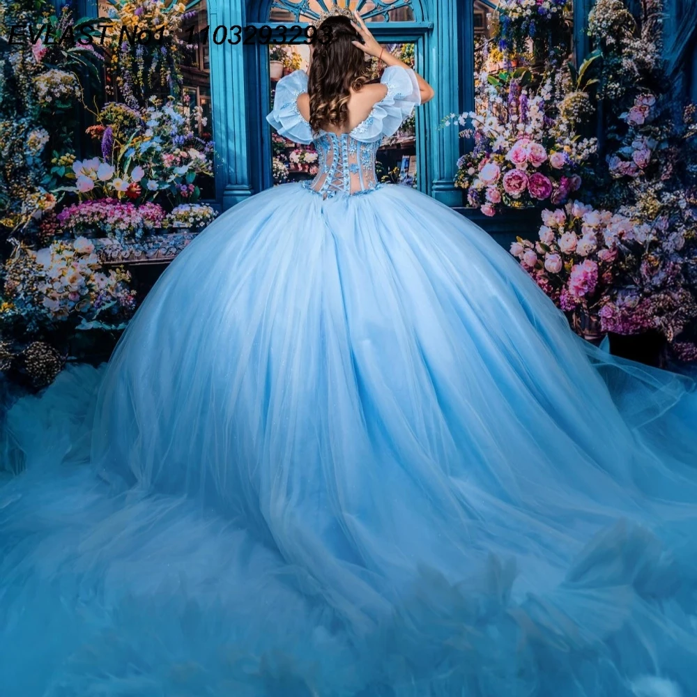 فستان Quinceanera لامع باللون الأزرق السماوي مخصص من EVLAST فستان حفلة مزين بالدانتيل مطرز بالخرز متدرج حلو 16 فيستدوس دي 15 أنوس E1QN511