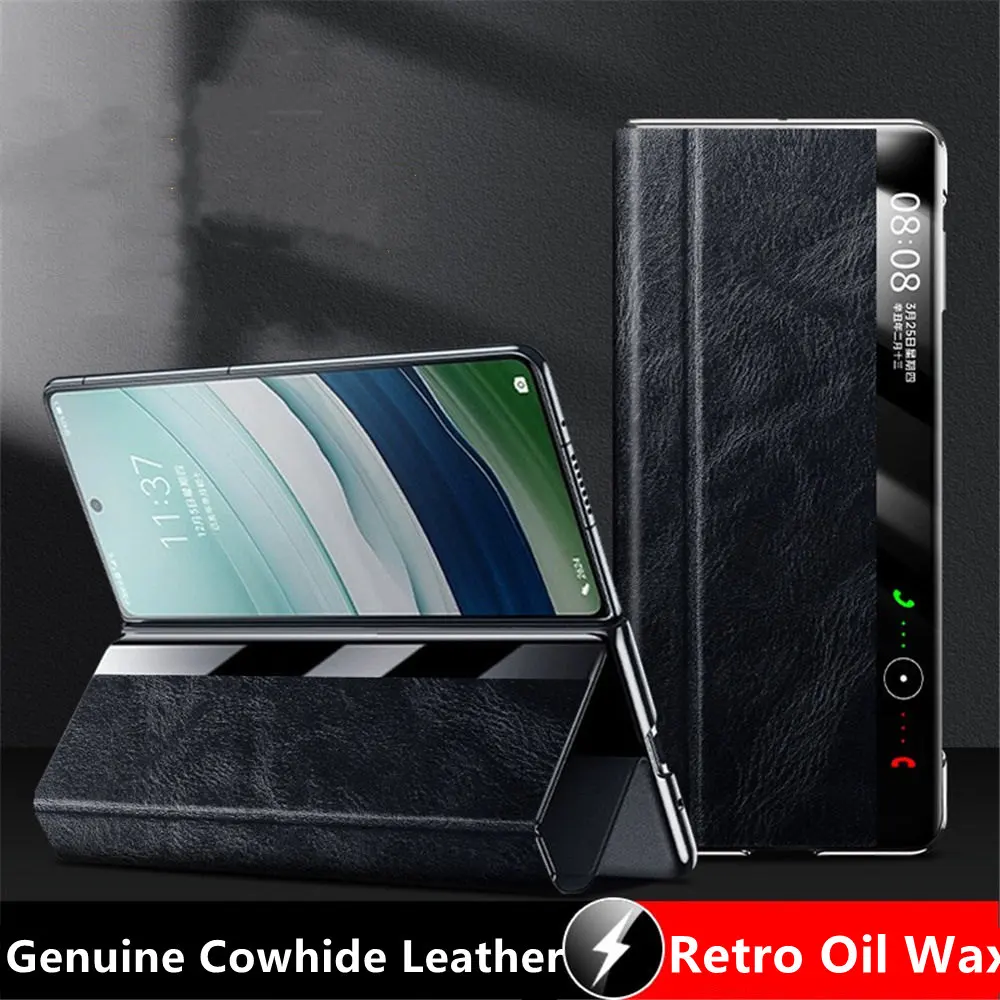 

Genuine Cowhide Leather Magnetic Flip Case for Huawei Mate X3 X5 Oil Wax Business Holder Cover