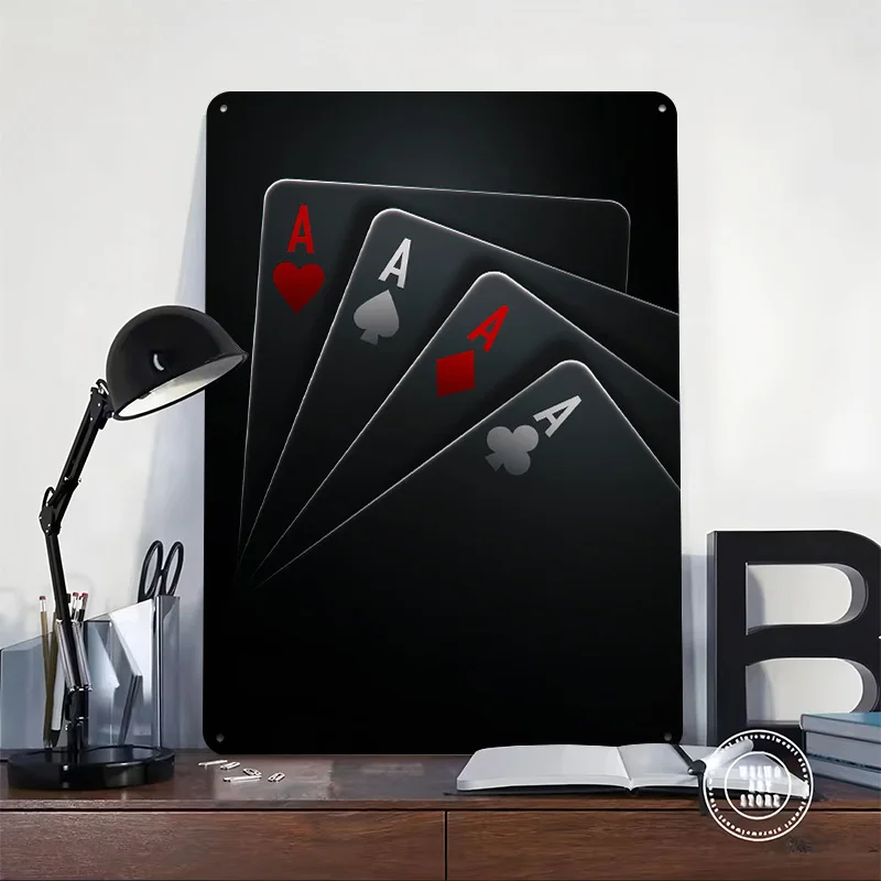 Four Aces Playing Cards 3D Texture Metal Poster Customized Wall Art Tin Sign Gift for Mancave Decor Room Decoration Gaming House