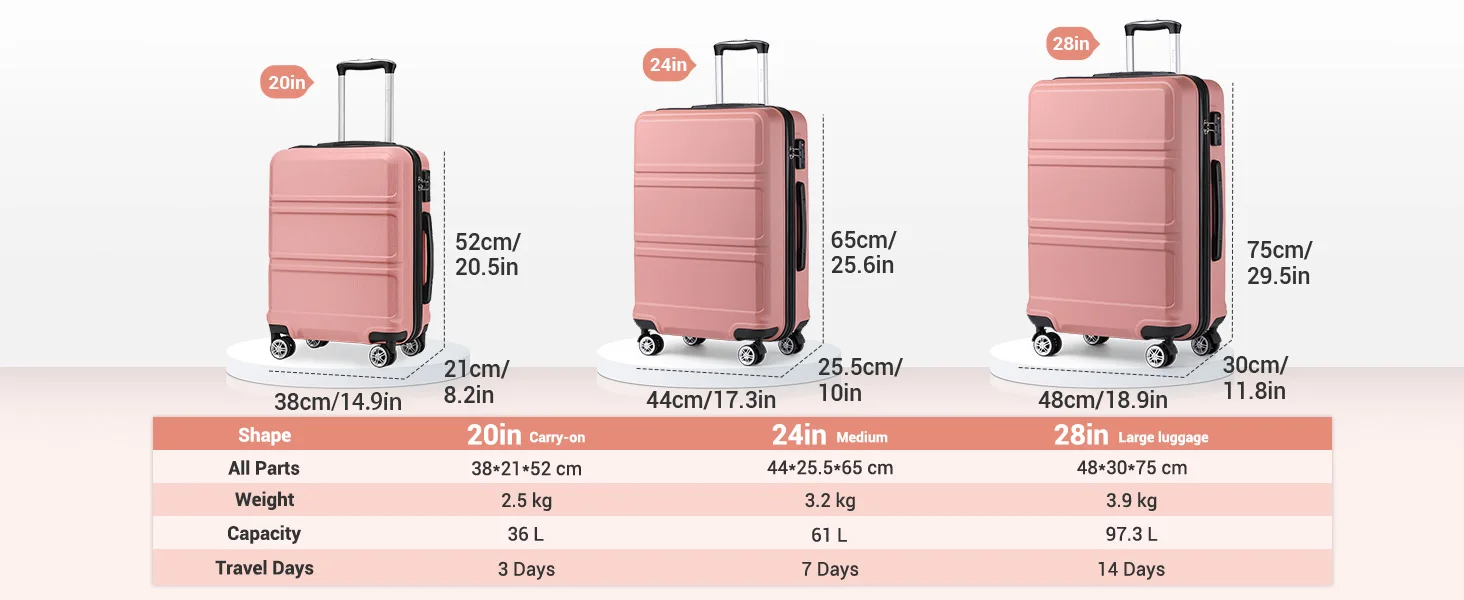 KONO Hartschalen Koffer, Leichte ABS Trolleys mit Zwillingsrollen, TSA Schloss, Reisekoffer（M/L/XL） – Detail 7