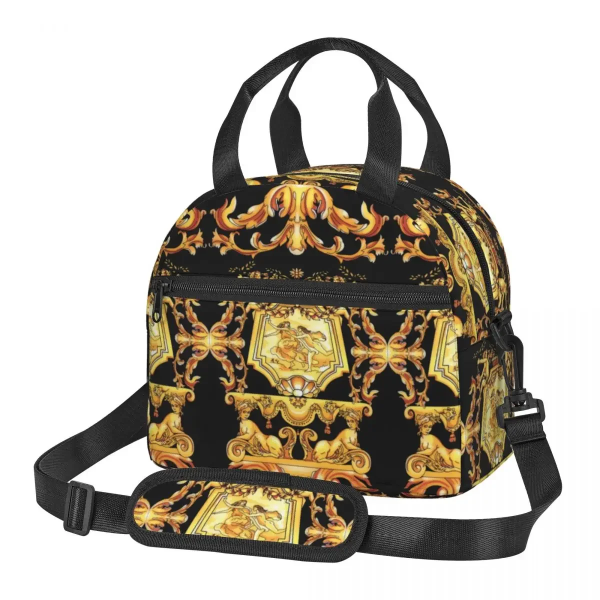 Elegant Baroque Floral Pattern Lunch Bag With Should Strap Handle Portable Insulated Women Food Case Tote Cooler Warm Bento Bag