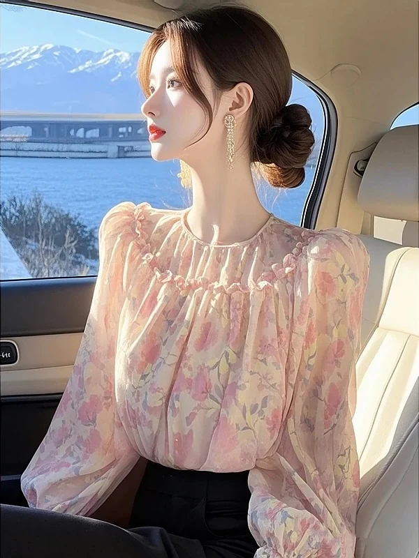 

Ele Pink Floral Women's irt Commute Sle Regular Sve Long Sve round Ne Thin Polyester Fiber Unique Beautiful