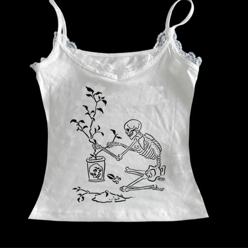 الصيف المرأة أزياء الشارع القوطية بروتيل أعلى رسمت باليد خمر الهيكل العظمي نمط المطبوعة سترة Y2k الملابس #2