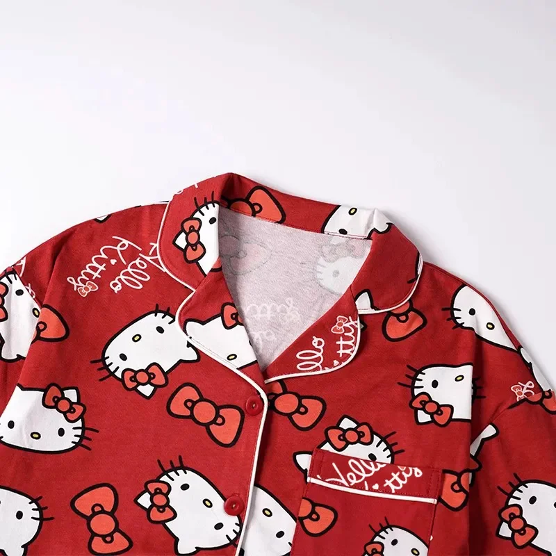 Hello Kitty Sanrio Red Pajamas Suits Y2k Kawaii Anime Button Shirts Long Pants Two Piece Sets Cute Casual Pajamas Suit For Women