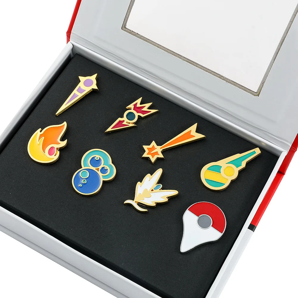 Pokemon-Abzeichen-Box-Set Kanto Johto Hoenn Sinnoh Unova Kalos Orange League Region Pins Broschen Taschenmonster-Sammlerstücke