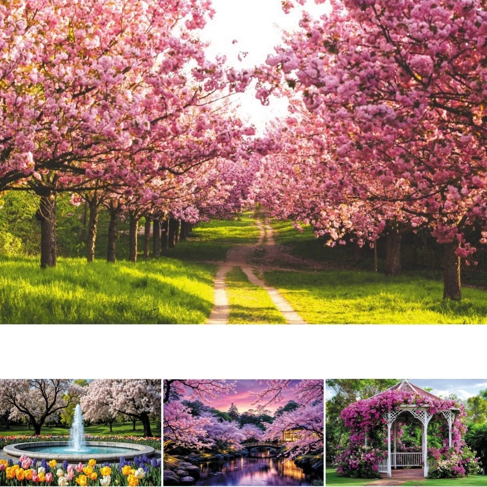 

Spring Nature Landscape Backdrop Pink Flower Cherry Blossom Field Forest Baby Shower Photography Background Shooting Props