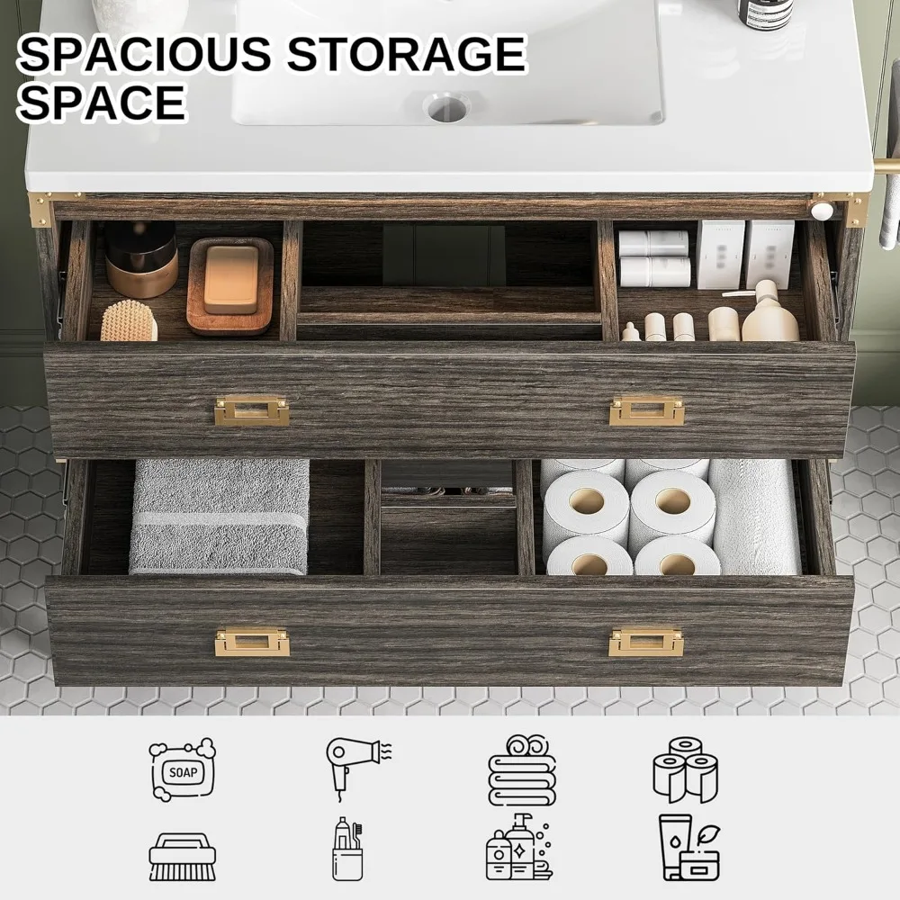 ชุดโต๊ะเครื่องแป้งไม้แบบตั้งพื้นพร้อมไฟส่องสว่างอัตโนมัติและลิ้นชัก 2 ช่องสำหรับห้องน้ำ