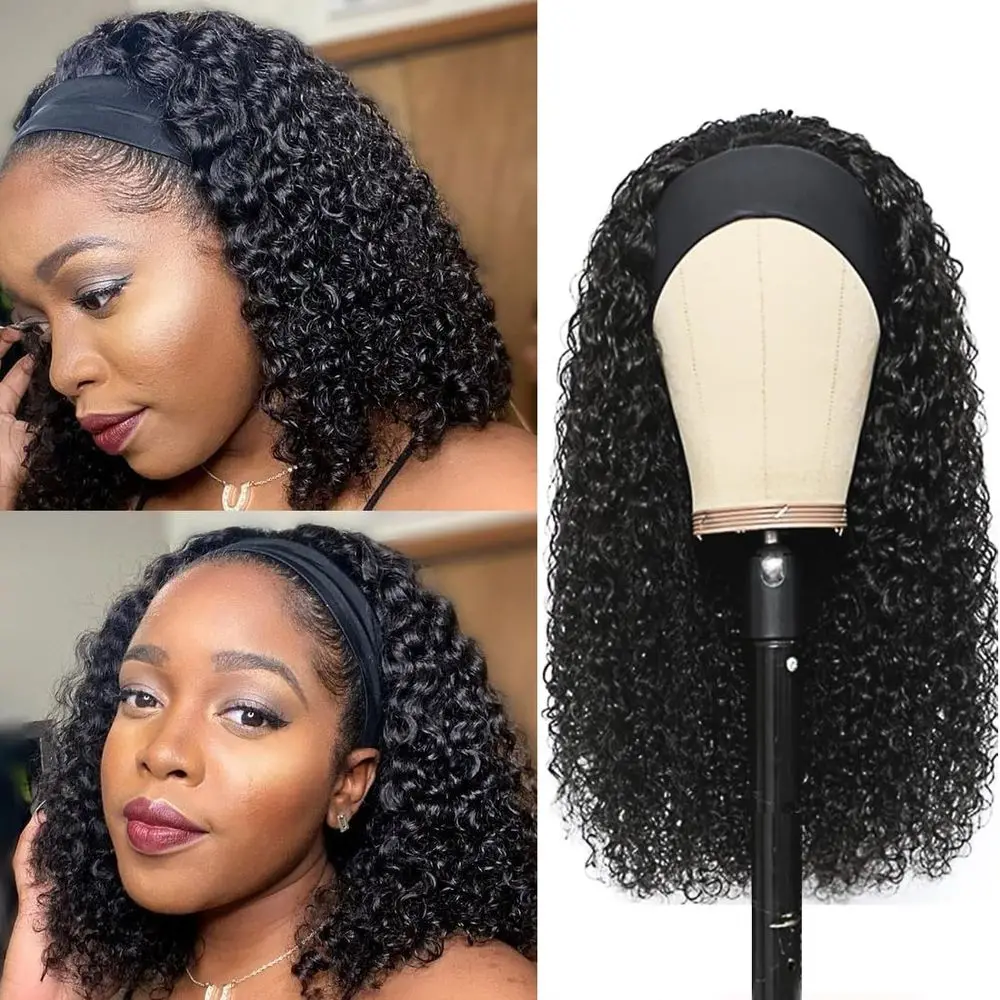 

14 Wet & Wavy Human Hair Headband Wig for Black Women - Deep Curly, Natural Black