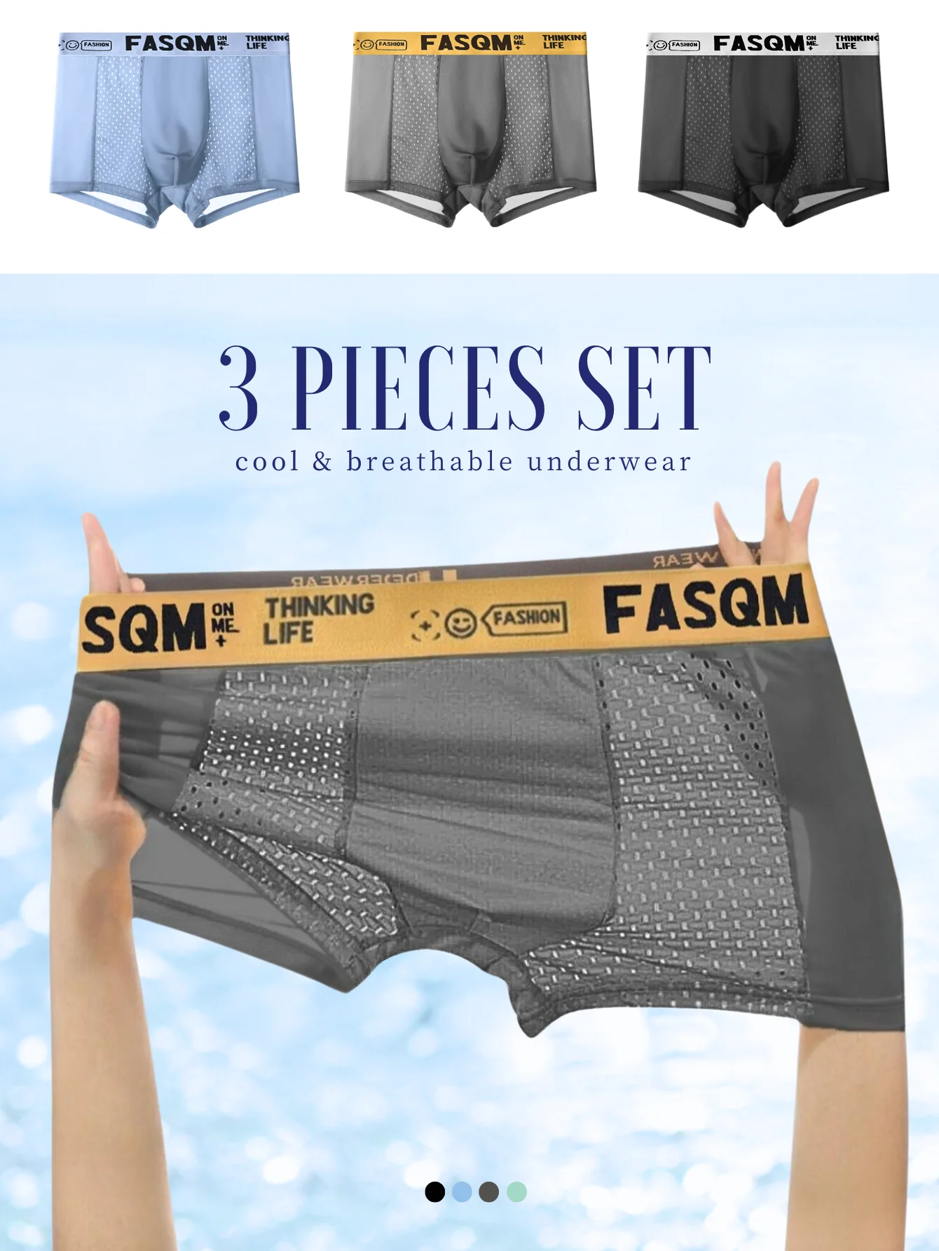 3pcs Men's Boxers Ice Silk Cool Soft Men Underwear Mesh Patch Breathable Comfy Stretchy Trunks Training Boxershorts Teenagers
