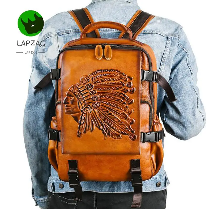 Lapzag Huge Vintage Black/brown Genuine Leather Backpacks For Men large capacity Cowhide Backpack Embossed  boys'  Travel Bags