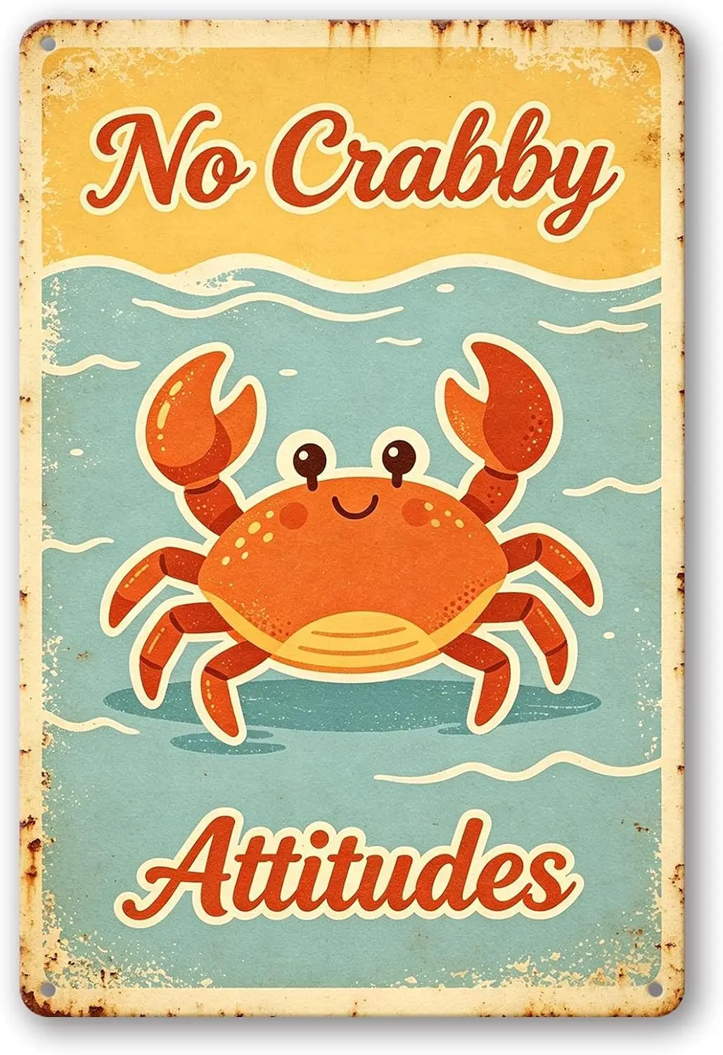 Funny Metal Crab Beach Sign, Summer Outdoor Wall Decor   | No Crabby Attitudes Weatherproof Coastal Wall Art for Beach House Pat