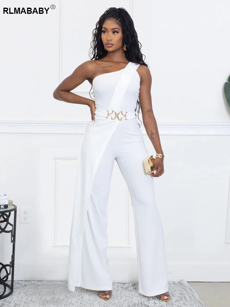 

RLMABABY Sexy Backless Incline Neck Metal Buckle Women Bodycon Jumpsuit Sleeveless Off Shoulder Asymmetrical Rompers Jumpsuit