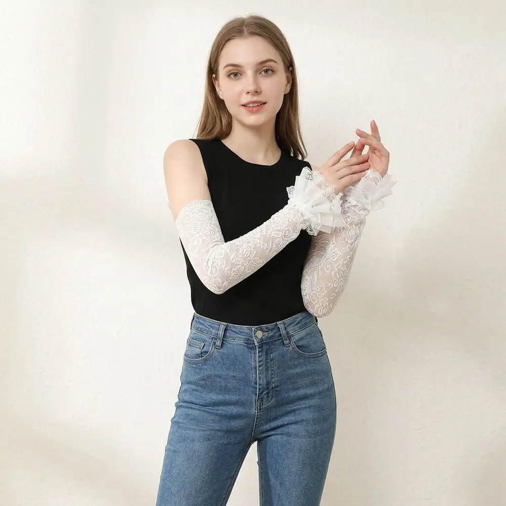 

Нежные эластичные кружевные рукава из ледяного шелка, тонкие, с защитой от солнца и УФ-излучения, длинные нарукавники для девочек