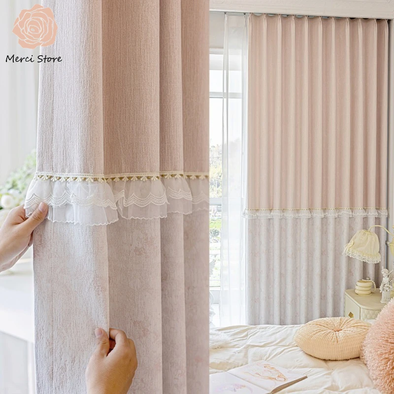 

Merci Store French Pink Princess Style Blackout Curtain for Bedroom High Modern Simple Splicing Luxury Window Drapes Custom