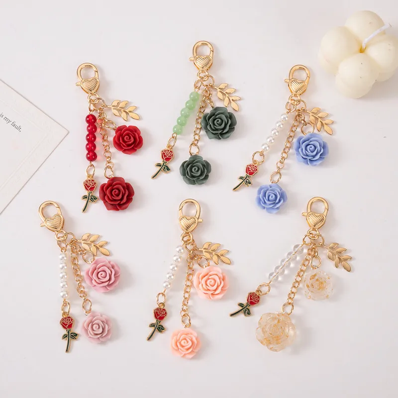 Rose Camellia Keychain Women Girls Sweet Pearl Tassel Flower Keyring With Metal Leaf For Earphone Case Bag Decoration