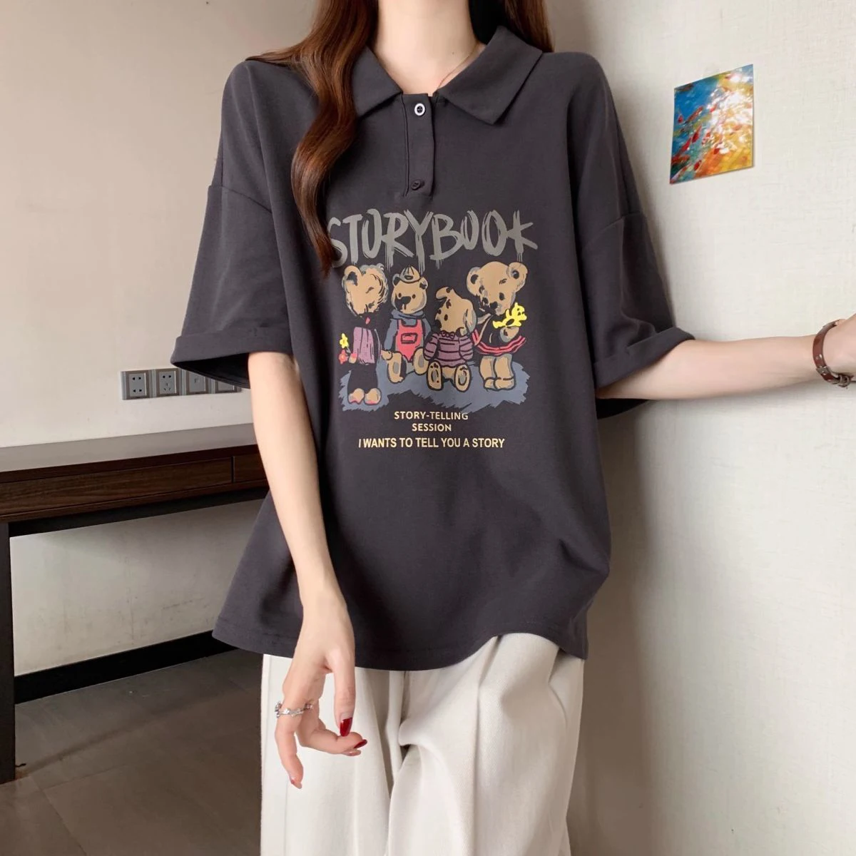 القطن الخالص الكرتون الدب طباعة Ne ort Sve تي شيرت المرأة فضفاضة تناسب الصيف جديد Sle التخسيس الأعلى الكورية Sle #4