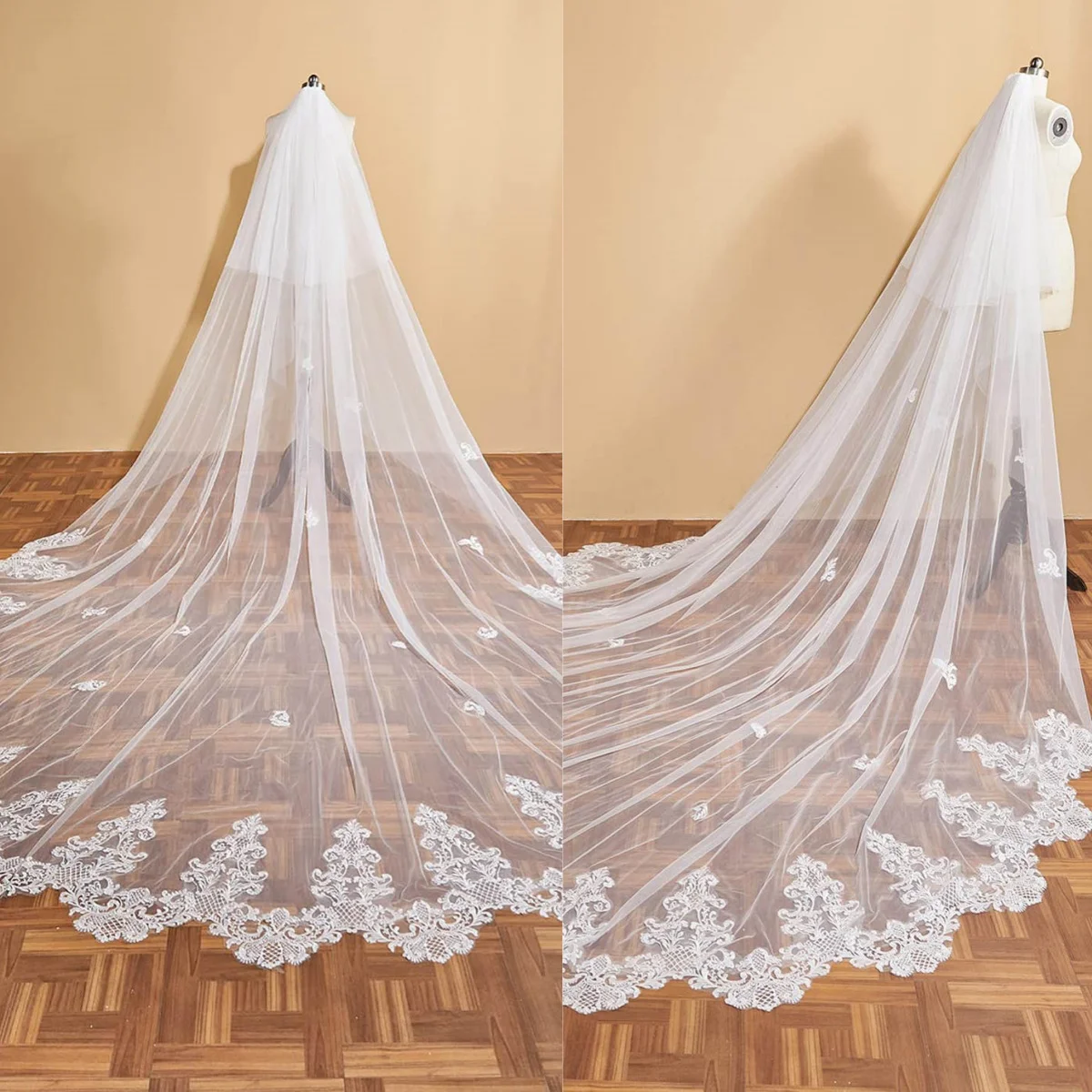 

Simple Wedding Veil Appliques Two Layer Long Cathedral Length Veils Applique Edge Velo De Cabeza Voile Custom Made