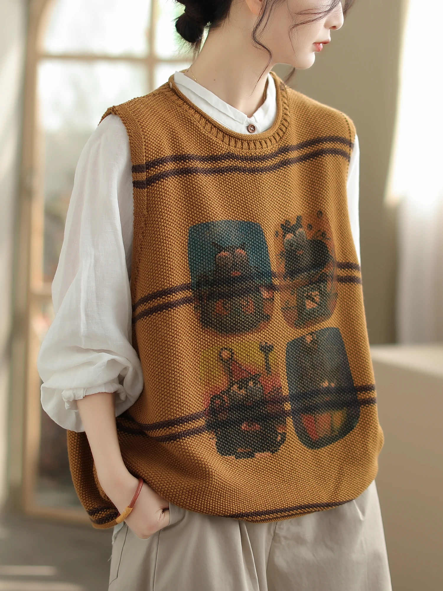 เสื้อกั๊กไหมพรมถักทรงหลวมสไตล์ลำลองสำหรับผู้หญิง ฤดูใบไม้ผลิ ฤดูใบไม้ร่วง รุ่นใหม่ ทรงเข้ารูป แฟชั่น