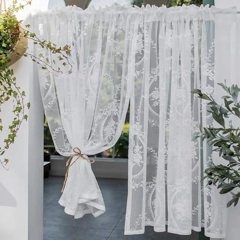 White Lace Tulle Curtains For Home Small Window Farmhouse Rustic Vintage Florals Kitchen Garden Door Cabinet Short Sheer Panel