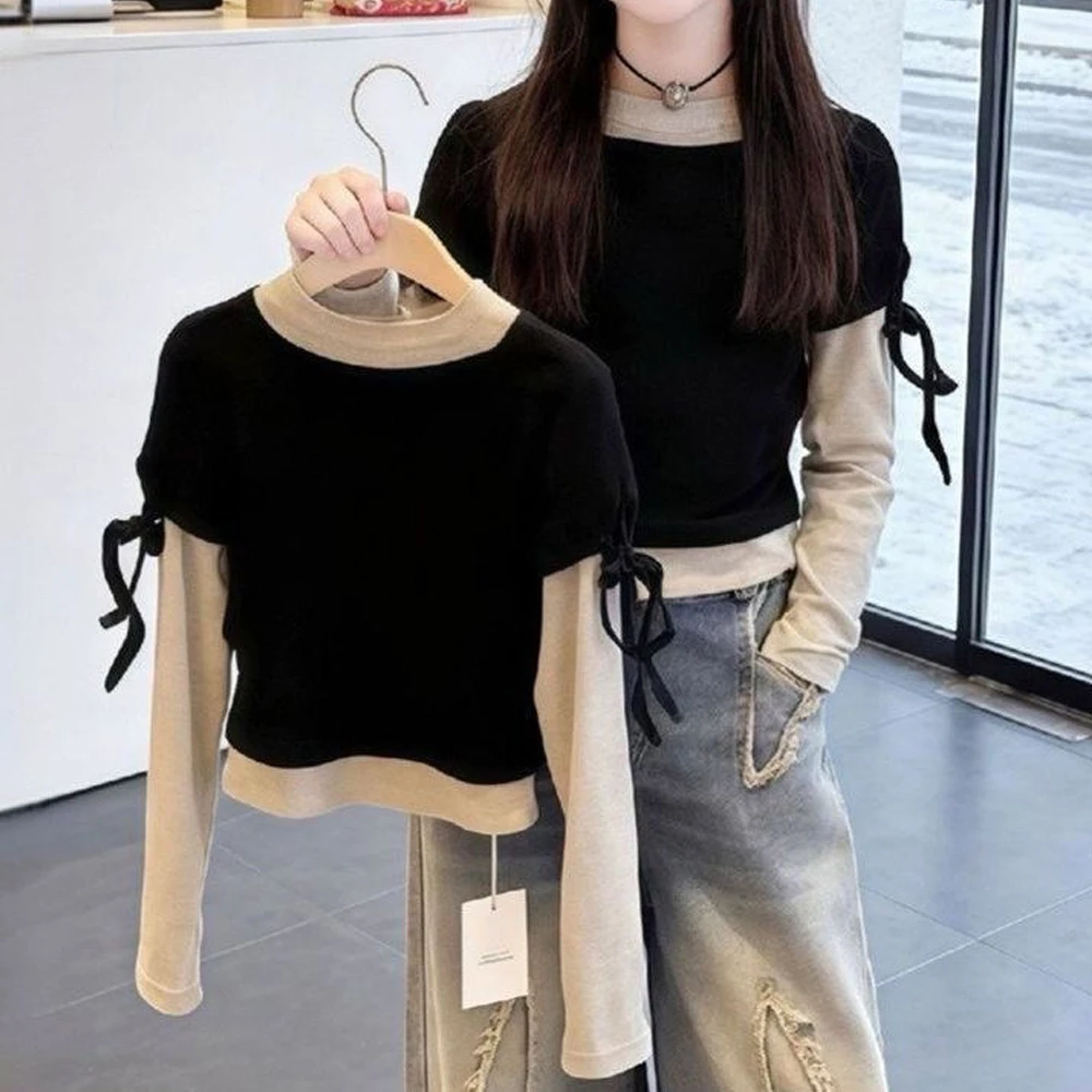 Cute Bow Long Sleeved T-Shirt for Spring Autumn 2026 New Style Children's Mesh Fake Two-Piece Top Children's Base Shirt Trendy