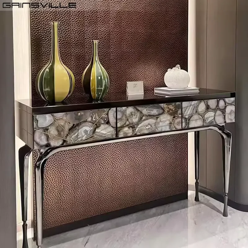 High End Copper Modern Entrance Table Hallway Console Natural Agate Entrance Table
