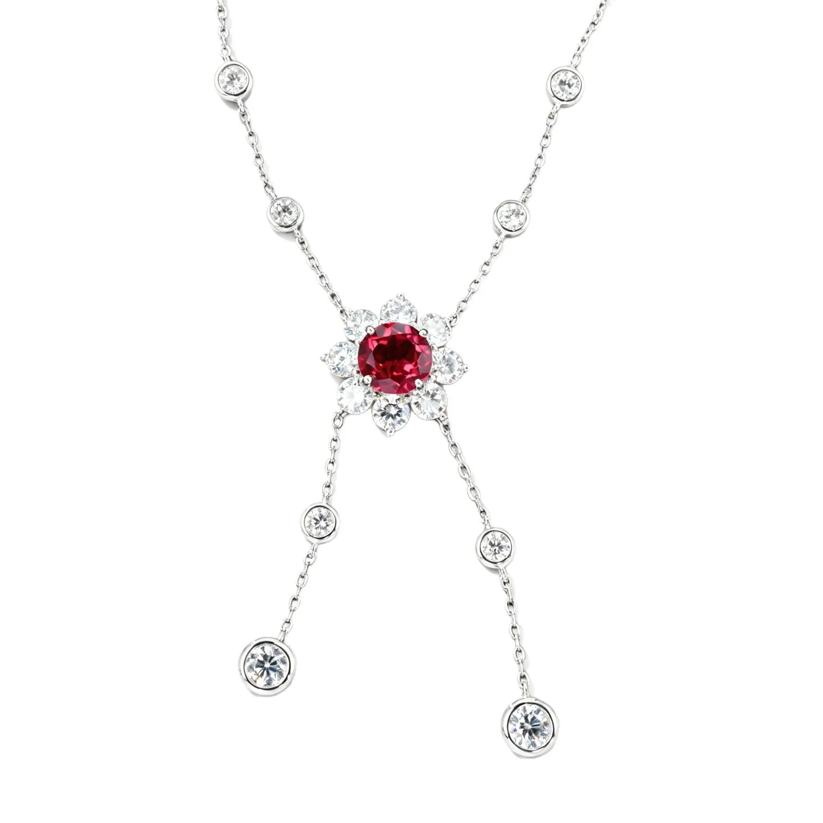 Vinregem 3.5 CT Round Cut Ruby Sapphire Emerald Paraiba Tourmaline Gems Flower Pendant Necklace 925 Sterling Silver Fine Jewelry