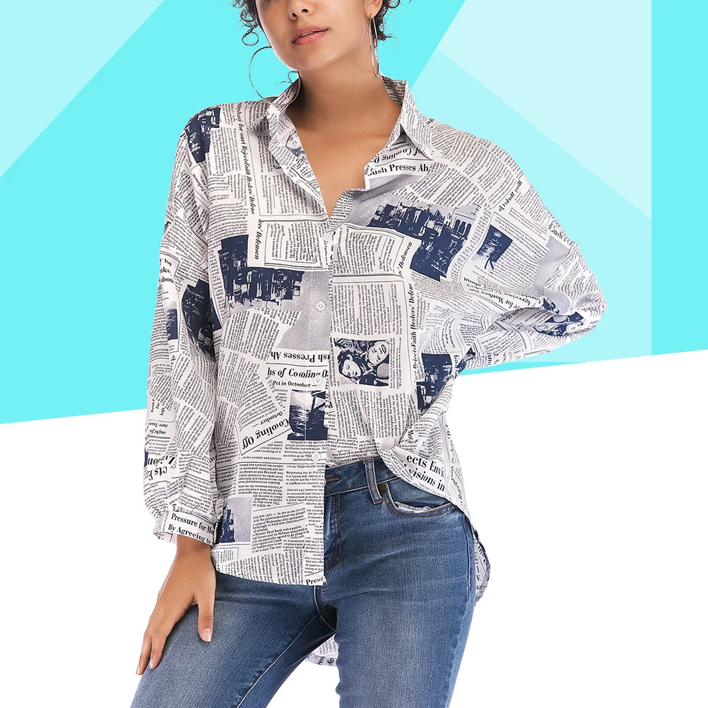 

Fashion Women Letter Print Shirt Blouse Lapel Long Sleeve Soft Flowy for Casual Party Work Home Beach Spring Summer Blue M