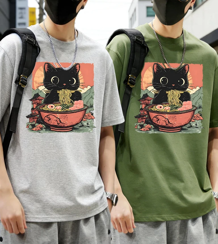 

Retro Cats Like To Eat Lamian Noodles Print Male Summer Cotton Clothing 2Pcs Set Thin Beach T Shirt Hip Hop Street Short Sleeve