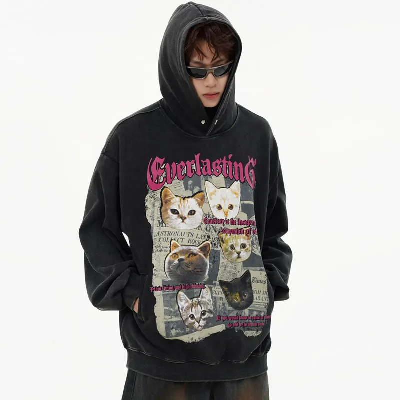 Vintage Hooded Sweatshirt Streetwear Cartoon Cat Graphic Printed Oversized Hoodies Hip Hop Harajuku Punk Gothic Baggy Pullover