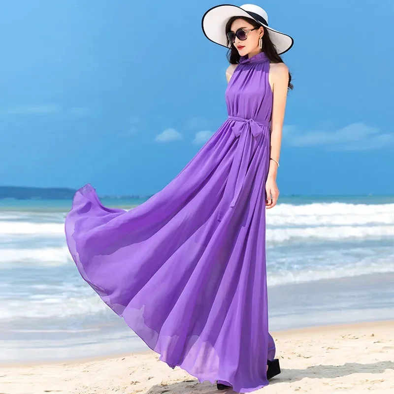 2024 New Women's Summer Dresses Slim Extra Long And Ankle Length Long Swing Chiffon Beach Dress Bohemian Dress Female Sundress