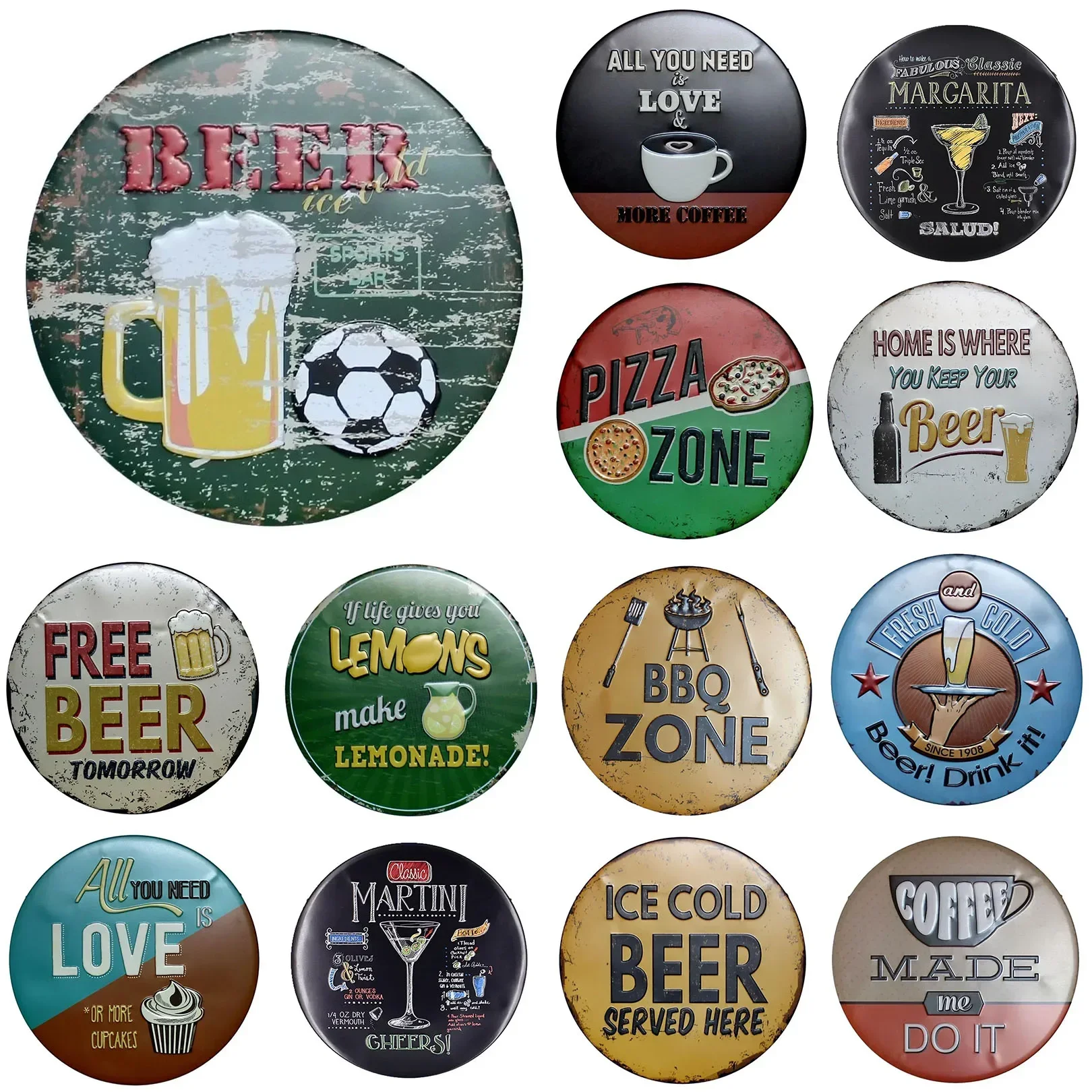 Beer Coffee Pizza Round Retro Metal Tin Signs Nostalgic Iron Painting Novelty For Cafe Bar Garage Bar Kitchen Garden Wall Decor