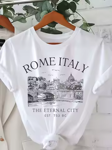 Rome Italy Letter Print T-shirt, Short Sleeve Crew Neck Casual Top For Summer & Spring, Women's Clothing
