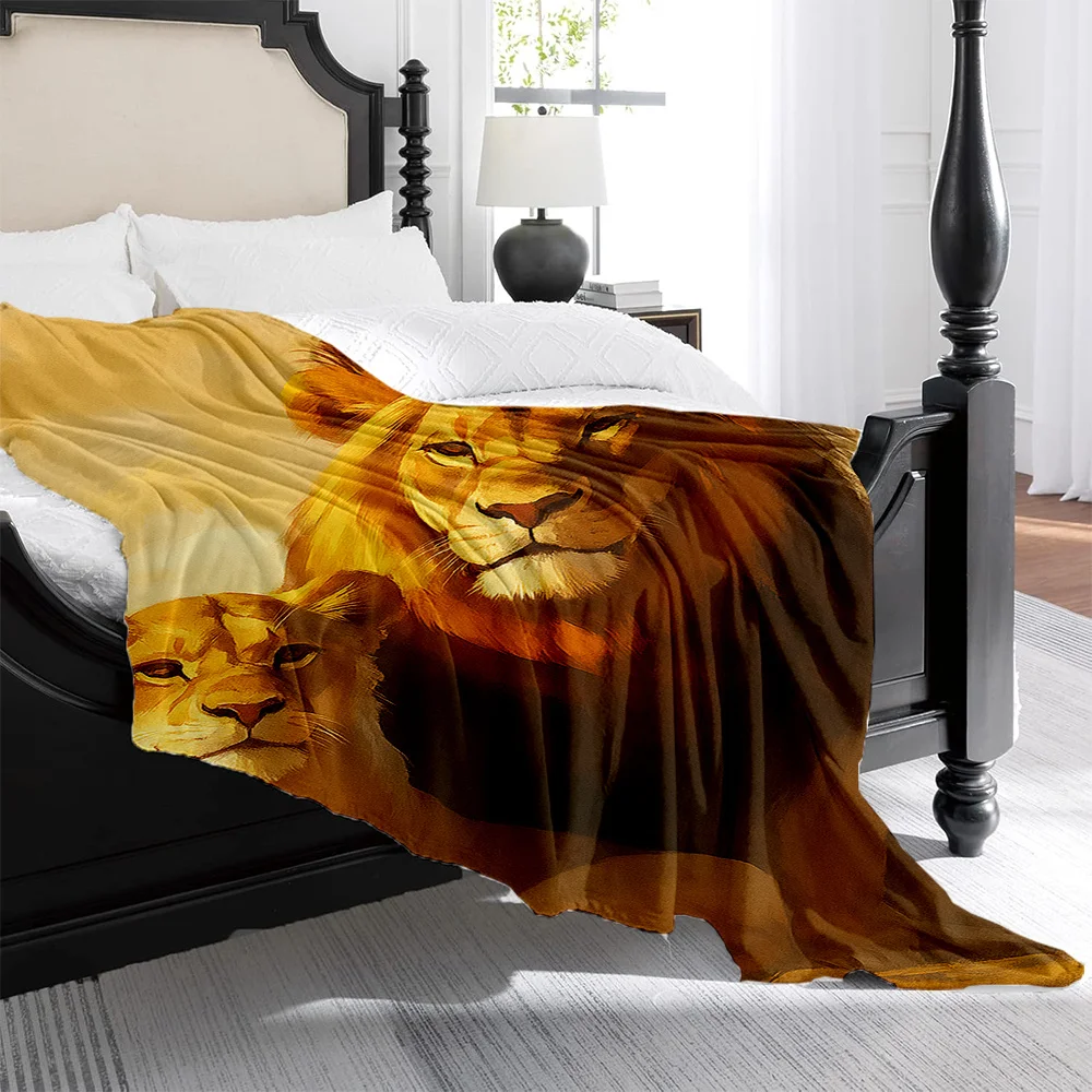 1pc Lion & Lioness Romantic Savannah Print Flannel Blanket - Heavyweight Soft Warm All-Season Bedspread, Machine Wash