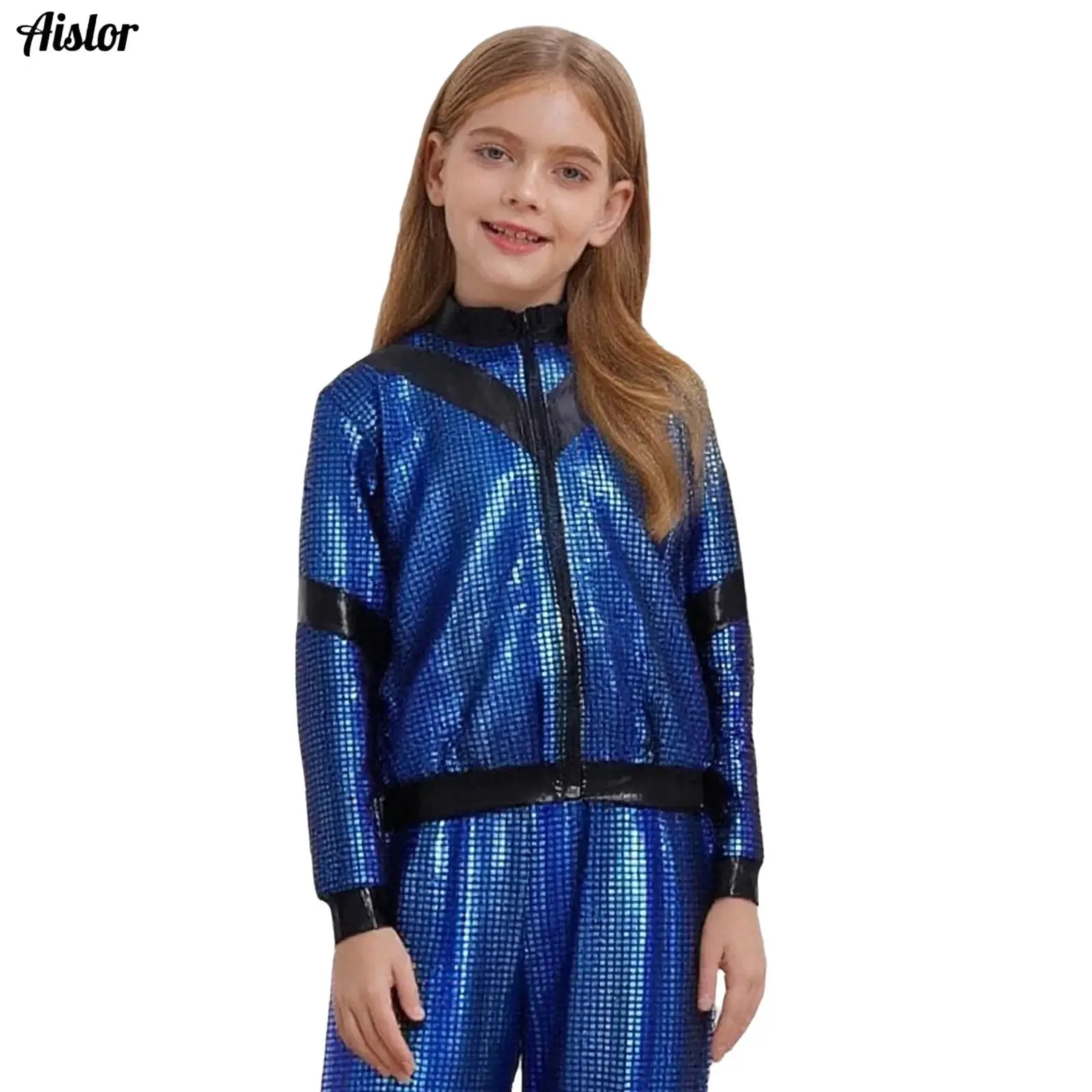

Kids Boys Girls Jacket Coat Hip-Hop Jazz Dance Costume Spring Autumn Long Sleeve Front Zipper Metallic Plaid Color Block Outwear