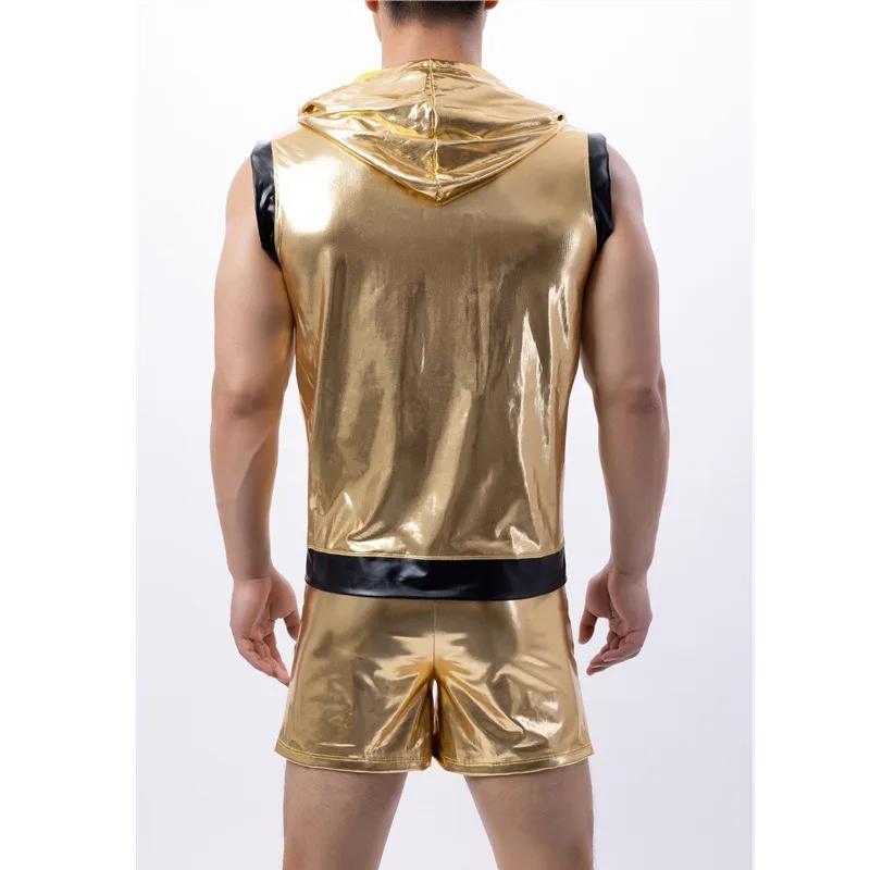 Super Cool Gold เซ็กซี่กางเกงขาสั้นผู้ชายชุด Bar Club Party เครื่องแต่งกายทองเงาผู้ชาย Hooded Vest ชุดบุรุษเสื้อผ้าชุด