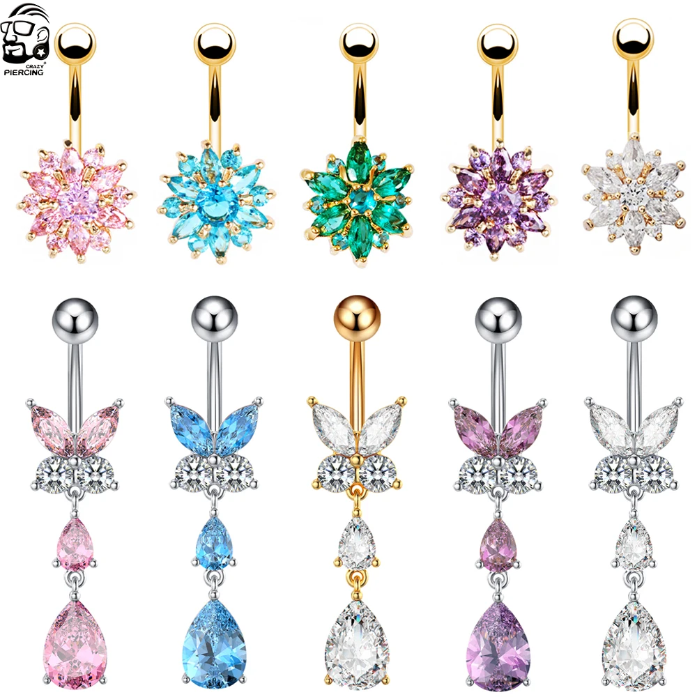 Surgical Steel Green Flower Zircon Belly Button Rings Butterfly Water Droplets Dangled Navel Ring Piercing Nombril Body Jewelry