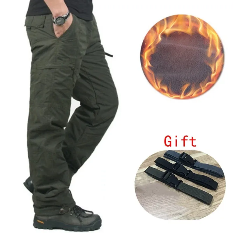 Men's Fleece Cargo Pants Winter Plush Tactical Pants Casual Workwear Joggers Korean Style Outdoor Casual Warm Thermal Trousers