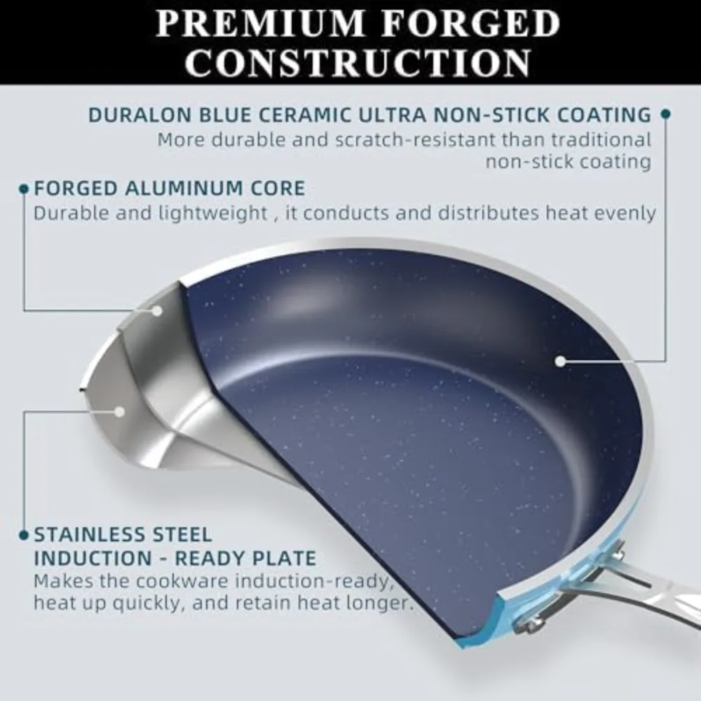 Healthy Duralon Blue Ceramic Nonstick Cookware Set, Diamond Infused Scratch-Resistant, PFAS Free, Dishwasher & Oven Safe,