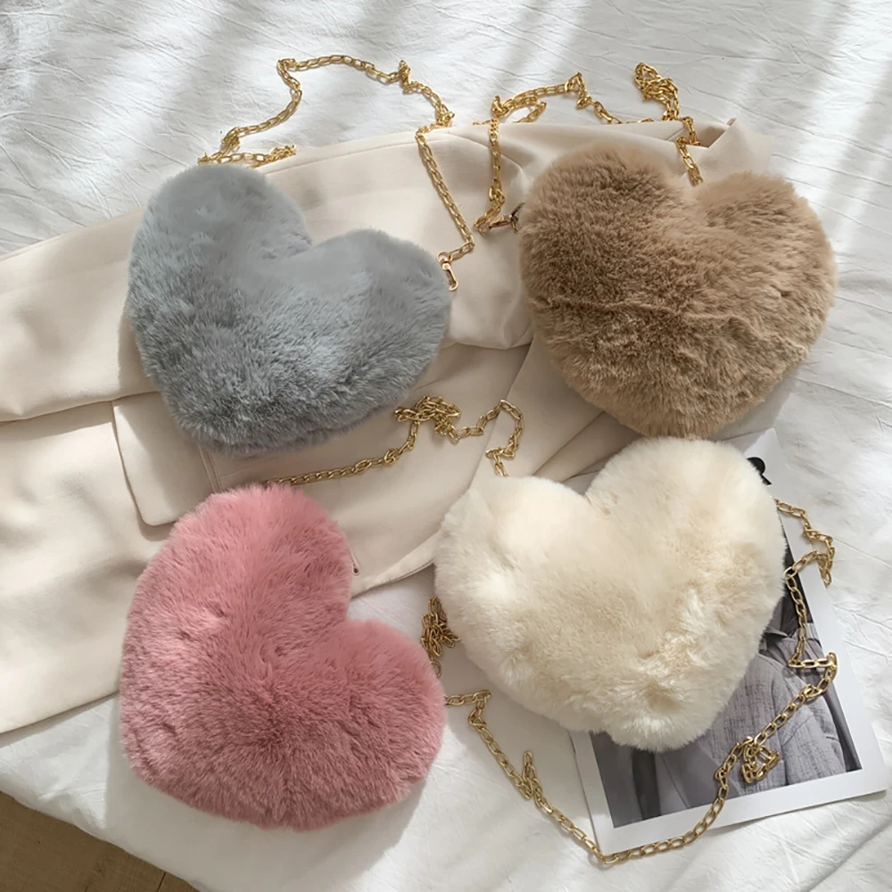 Simple Women Heart Shaped Handbags Cute Kawaii Faux Fur Crossbody Bags Wallet Purse Plush Chain Shoulder Bags Lady Handbag Gifts