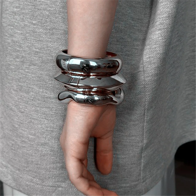 

Glossy Silver Color Metal Wide Geometric Irregular Cuff Wide Bangles for Women Punk Spring Open Bangle Bracelet Pulseras Jewelry