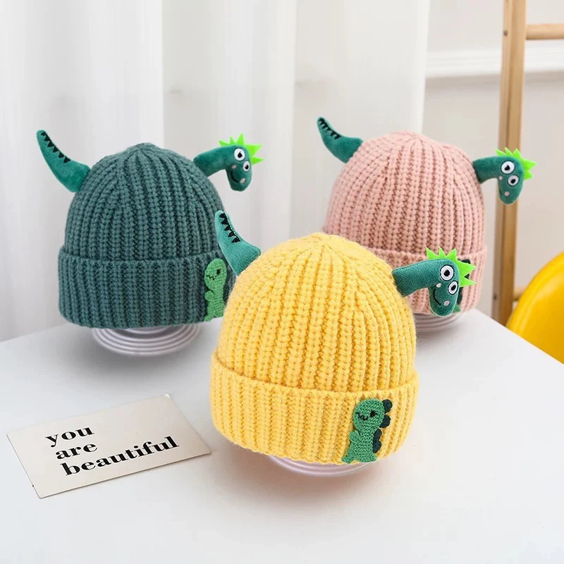 Cartoon Creative Dinosaur Kids Hat Winter Warm Beanie Cap For Boy Girl Cute Solid Color Toddler Ear Protection Caps Gifts