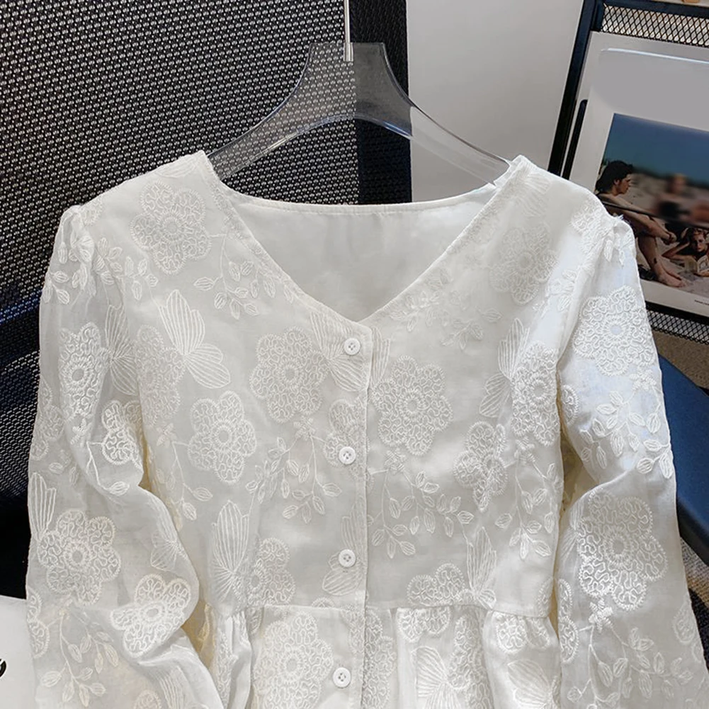 Sweet French Women Long Sleeve Shirts Lace Female Cute Tops Blouse  Ruffle Blouse Long Sleeve White Button Down Elegant Shirt