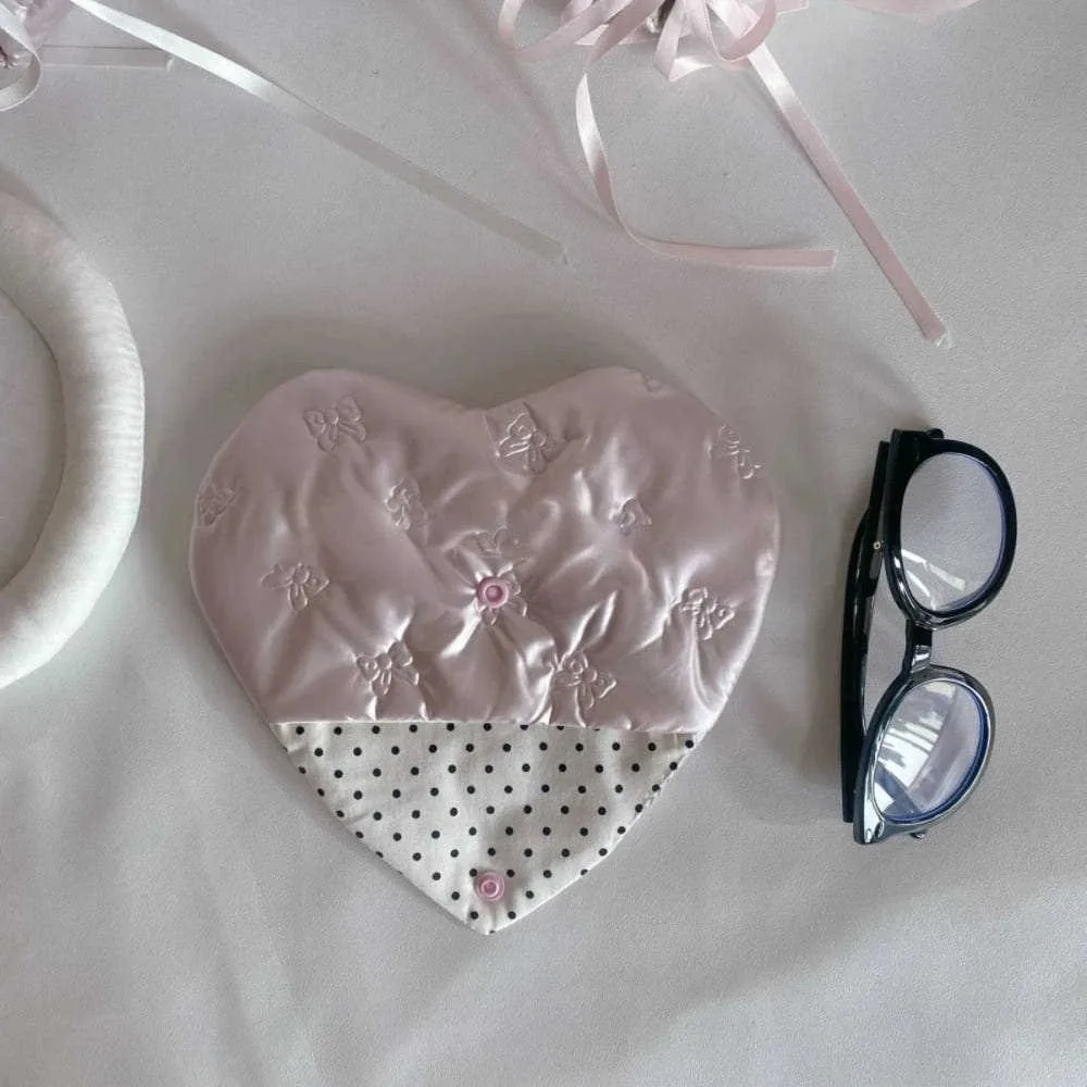 New Bow Embossed Glasses Bag PU Leather Multifunctional Small Items Bags Heart Pink Dustproof Cosmetic Bags