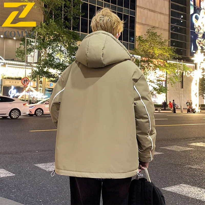 COMXZ سترة شتوية للرجال ملابس العمل متعددة الجيوب بدلة تسلق خارجية مقاومة للبرد الحراري 50% بطة بيضاء أسفل مقنعين فضفاضة تناسب