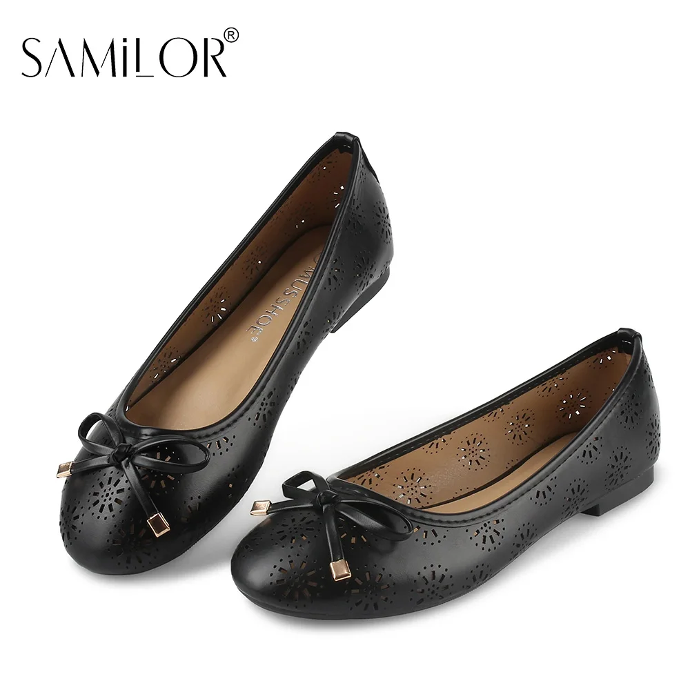 Samilor Flats Shoes Women Breathable Summer Women Flats Leather Dress Shoes Round Toe Slip on Flats with Breathable Eyelets