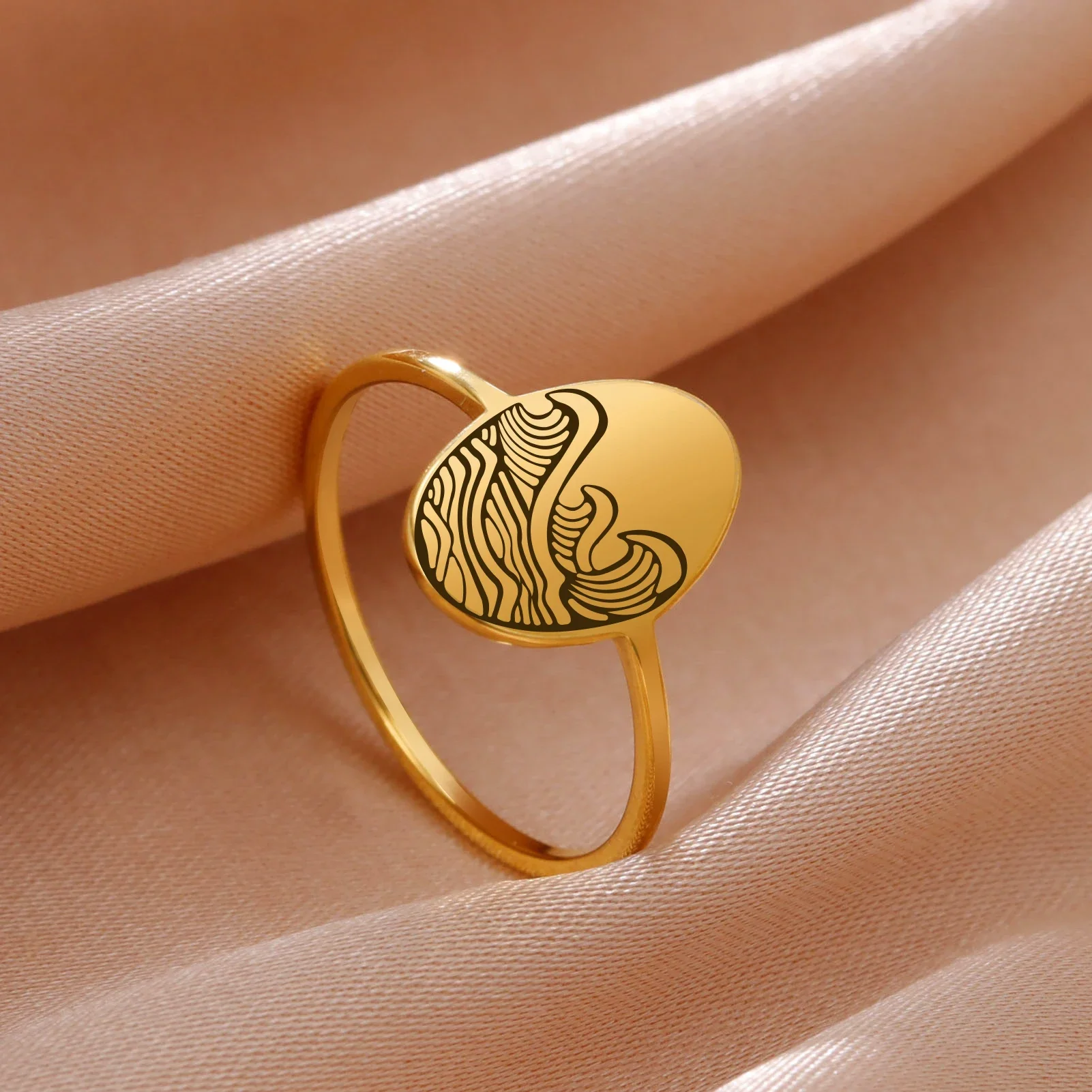 Skyrim Sea Waves Engraved Oval Rings for Women Stainless Steel Minimalist Finger Ring Birthday Gift Trend Jewelry Wholesale