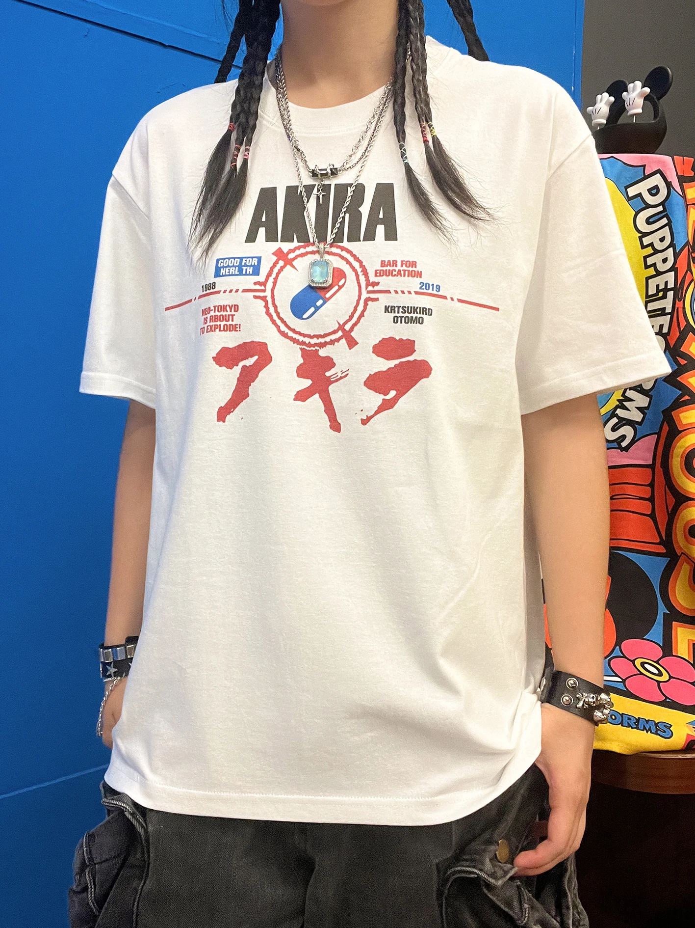 Creative Anime Casual College Style Vintage Short Sleeve T-Shirt 260G Heavyweight Cotton Blend Breathable Summer Top