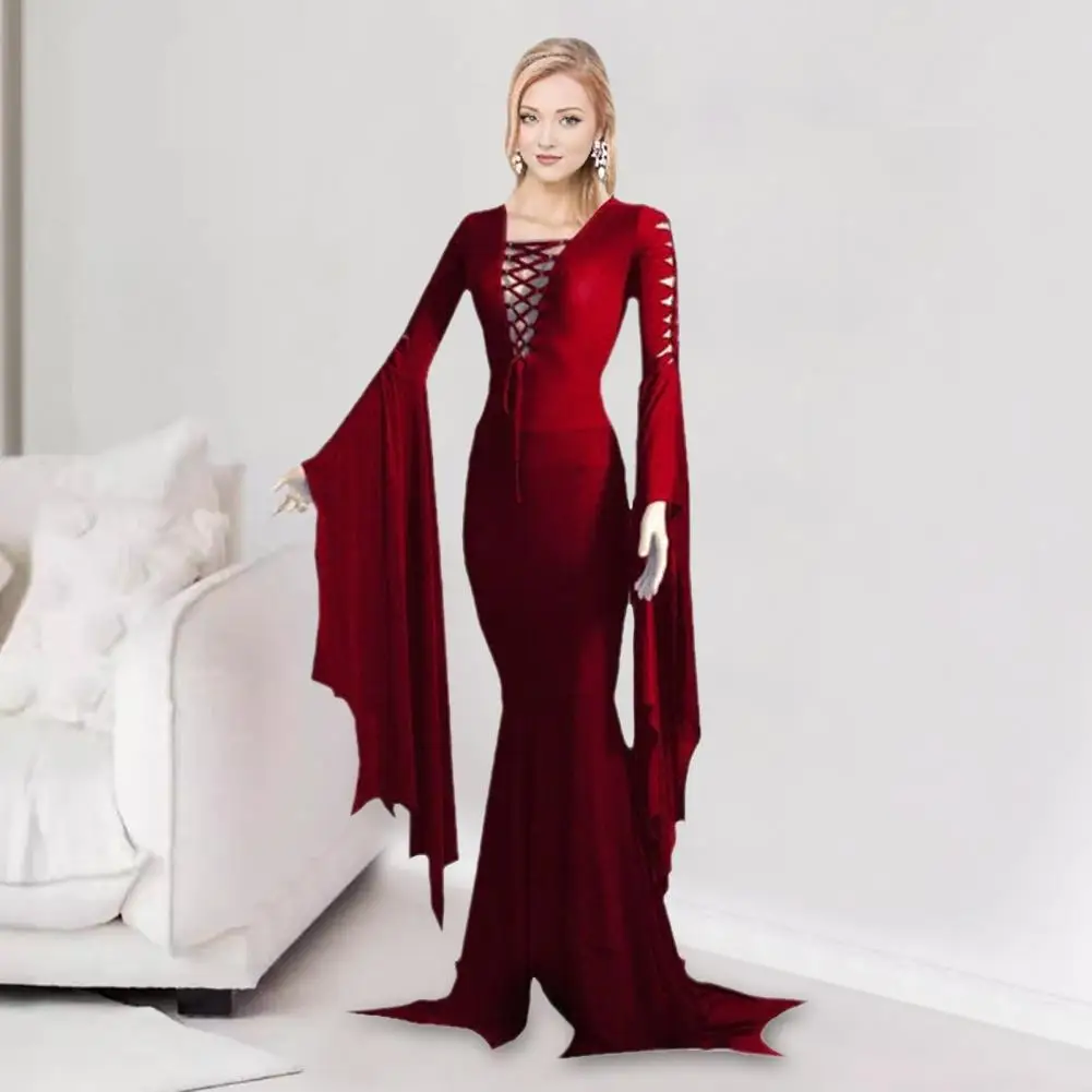 

Women Slim Fit Dress Elegant Lace-up Halloween Maxi Dress with Irregular Ruffle Cuff Bell Sleeves for Women Solid Color Vampires