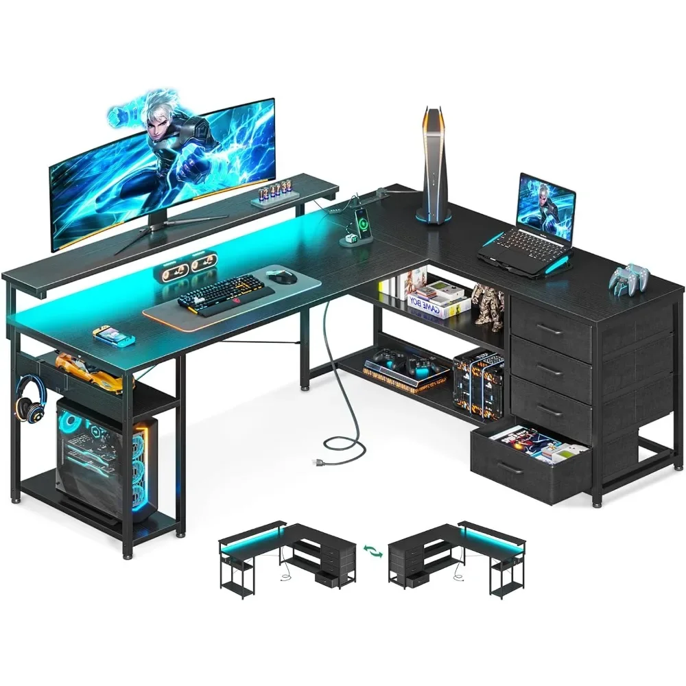 

61" L Shaped with Computer Desk with Power Outlets & LED Lights Reversible Gaming Desk with Monitor Shelf Black