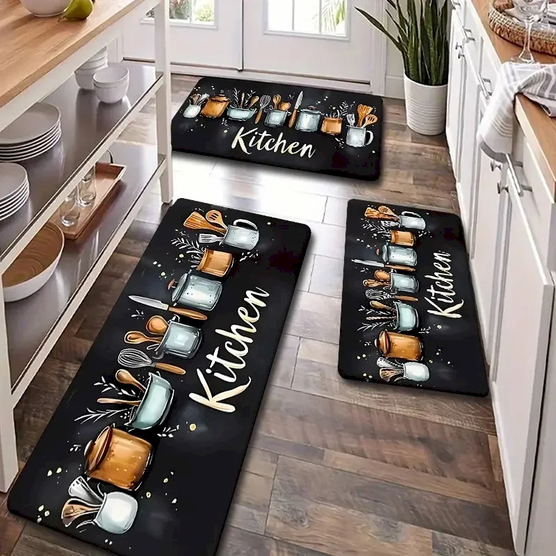 VIKAMA Kitchen Utensil Rug Set,Non Slip Oil Absorb Washable Anti Fatigue Mat,Black Letter Kitchen Entry Decor Floor Rug